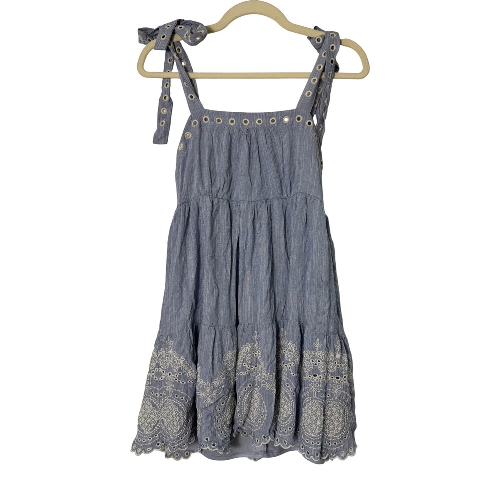 Mi Ami Francesca's Mini Dress Womens S Blue Good Eyelet Pinstripe Tie Shoulder